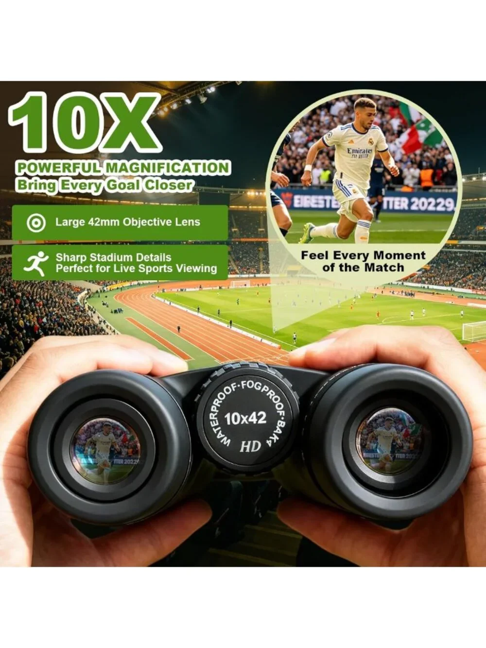 High-Powered 10x42 Waterproof Binoculars for Bird Watching, Hiking & Sports